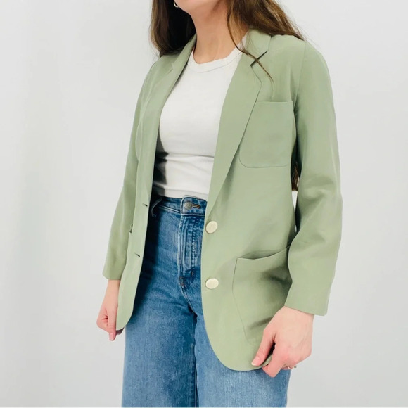 vintage sage green 100% silk button down blazer minimalist size 2 / S / XS - Picture 8 of 10
